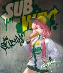  baseball_cap food graffiti hair_ornament hat highres jacket jokanhiyou long_hair pink_eyes pink_hair sandwich star_(symbol) star_hair_ornament subway_(company) twintails white_jacket 