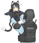  1boy 1girl :3 ? absurdres animal_ear_fluff animal_ears balaclava black_gloves black_hair blue_shirt bulletproof_vest cat_ears cat_girl cat_tail chibi english_commentary gloves green_eyes grey_jacket gun h&amp;k_mp7 headset height_difference highres jacket lifting_person medium_hair military military_uniform open_clothes open_jacket original outstretched_arms ponytail shirt simple_background smile soldier spread_arms srtdrawart submachine_gun tactical_clothes tail uniform weapon white_background 