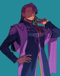  1boy blue_background cowboy_shot duryodhana_(fate) earrings facial_hair fate/grand_order fate_(series) goatee goatee_stubble hand_on_own_hip indian_clothes jewelry long_hair looking_at_viewer male_focus mature_male purple_eyes purple_hair sash shoulder_sash simple_background single_earring smile solo tnaym 