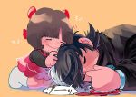  1boy 1girl black_hair black_jack_(character) black_jack_(series) blush bow brown_hair closed_eyes coat dress hair_bow hair_over_one_eye headpat husagin knees_together_feet_apart long_sleeves multicolored_hair multiple_hair_bows neck_ribbon on_ground patchwork_skin pinoko red_bow red_ribbon ribbon scar scar_on_face seiza short_hair simple_background sitting sleeping speech_bubble split-color_hair two-tone_hair undershirt white_hair yellow_background 