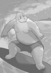  2023 absurd_res anthro belly bottomwear clothing detailed_background en_1_9 hi_res kemono male mammal mustelid otter outside overweight overweight_male shorts solo surfboard surfing swimwear water 