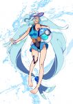  1girl ball barefoot beachball blue_eyes blue_hair butterpan_zz colored_eyelashes dive_ball hatsune_miku highres long_hair open_mouth poke_ball pokemon project_voltage smile swimsuit tan tanlines twintails very_long_hair visor_cap vocaloid water water_miku_(project_voltage) 