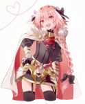  1boy armor astolfo_(fate) bad_link black_bow bow braid cape fang fate/apocrypha fate_(series) fur-trimmed_cape fur_trim garter_straps gauntlets gloves hair_bow hair_intakes hair_ribbon highres horn_(instrument) long_braid long_hair male_focus mochii multicolored_hair open_mouth otoko_no_ko pink_hair purple_eyes ribbon single_braid smile solo streaked_hair thighhighs two-sided_cape two-sided_fabric very_long_hair white_cape white_hair 