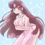  1girl ass blue_background breasts brown_eyes brown_hair dress earrings happy ioexzn3qhmfabfp jewelry kuonji_ukyou large_breasts long_hair ranma_1/2 simple_background smile solo star_(symbol) 
