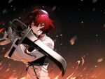  1girl aged_up black_gloves closed_mouth eris_greyrat fire frown gauntlets gloves hair_between_eyes hibi_gakeppuchi highres holding holding_sword holding_weapon long_hair long_sleeves looking_at_viewer mushoku_tensei red_eyes red_hair solo sword upper_body weapon 