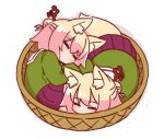  2girls animal_ear_fluff animal_ears basket blonde_hair blush closed_eyes fox_ears fox_girl fox_tail green_shirt hair_between_eyes hair_bun hair_ornament kemomimi-chan_(naga_u) long_sleeves lying multiple_girls naga_u on_side original pleated_skirt purple_skirt sailor_collar shadow shirt simple_background skirt sleeves_past_fingers sleeves_past_wrists tail white_background white_sailor_collar 