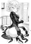 1girl 2023 ass bed bedroom black_dress blush breasts curly_hair dress high_heels highres huge_ass kneeling light_smile looking_at_viewer looking_back mogudan monochrome on_bed one-punch_man pelvic_curtain pillow short_hair small_breasts smile solo tatsumaki thick_thighs thighs wide_hips window 