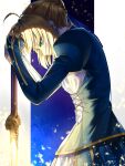  1girl ahoge armor artoria_pendragon_(fate) blonde_hair braid delsaber dress excalibur_(fate/stay_night) fate/grand_order fate/stay_night fate_(series) green_eyes hair_ribbon hands_on_hilt highres looking_down ribbon short_hair sidelocks simple_background solo weapon 