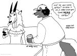  2022 antelope anthro baseball_cap beverage bodily_fluids bovid breasts cleavage clothed clothing coffee dipstick_ears duo female fingers greyscale hat headgear headwear hooved_fingers hooves horn male male/female mammal mephitid monochrome multicolored_ears serge_wolf skunk sweat tegerio 