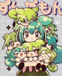  &gt;_&lt; 6+girls :&lt; @_@ angry black_eyes blank_eyes blush blush_stickers carrying carrying_person character_name chestnut_mouth chibi chromatic_aberration clone commentary commentary_request excited fang film_grain furrowed_brow glaring green_hair green_shorts grey_background grid_background halftone heart heart-shaped_pupils highres jitome long_hair looking_at_viewer low_ponytail machiya_tako multiple_girls multiple_persona puffy_shorts raised_eyebrows sad serious shorts sparkle sparkling_eyes straight-on symbol-shaped_pupils translation_request uwu v-shaped_eyebrows voicevox wide-eyed yellow_eyes zundamon 