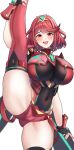  1girl :d black_gloves bob_cut breasts chest_jewel core_crystal_(xenoblade) covered_navel desspie drop_earrings earrings english_commentary fingerless_gloves gloves highres jewelry large_breasts looking_at_viewer pyra_(xenoblade) red_eyes red_hair red_shorts red_thighhighs short_hair short_shorts shorts smile solo split standing standing_on_one_leg standing_split swept_bangs thighhighs thighs tiara white_background xenoblade_chronicles_(series) xenoblade_chronicles_2 