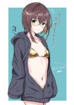  1girl abataa absurdres alternate_costume artist_name bikini blue-framed_eyewear blue_background blush border breasts brown_hair cardigan character_name cowboy_shot dated glasses gold_bikini green_eyes grey_sweater highres hood hooded_sweater kantai_collection multicolored_hair navel okinami_(kancolle) one-hour_drawing_challenge open_cardigan open_clothes short_hair simple_background small_breasts smile solo sweater swimsuit white_border 