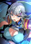  1girl armor blue_eyes braid breasts cleavage cleavage_cutout clothing_cutout cockpit gloves grey_hair hair_ornament hairclip highres large_breasts looking_at_viewer open_mouth senri_gan seolla_schweizer short_hair shoulder_armor side_braid super_robot_wars super_robot_wars_original_generation 