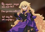  1girl armor blank_eyes blonde_hair blurry blurry_background braid breastplate breasts centurii-chan_(artist) colored_eyelashes commentary covered_navel english_commentary english_text gauntlets hair_between_eyes highres large_breasts long_hair open_mouth original purple_eyes purple_robe robe roman_armor side_braid solo very_long_hair 