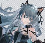  1girl animal_ears arknights bare_shoulders black_dress black_jacket black_ribbon blue_eyes breasts cat_ears checkered_background collarbone dress fake_transparency floating_hair grey_hair hair_between_eyes hair_ribbon jacket long_hair looking_at_viewer medium_breasts mint_(arknights) off_shoulder open_clothes open_jacket pe902 ribbon solo upper_body very_long_hair 