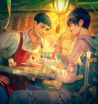  2boys apron black_hair cake collared_shirt dokuga dorohedoro eating eye_tattoo feet_out_of_frame food fork happy_birthday hood hoodie light looking_at_another looking_at_object male_focus multiple_boys orange_eyes panco red_apron scar scar_across_eye shirt short_hair sideburns sitting smile table tetsujo translation_request white_hoodie white_shirt 
