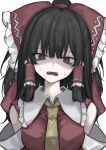  1girl @_@ absurdres ascot bags_under_eyes black_hair bow breasts commentary_request detached_sleeves frilled_bow frilled_hair_tubes frills hair_bow hair_tubes hakurei_reimu highres hisha_(kan_moko) long_hair medium_breasts open_mouth red_bow red_eyes shaded_face simple_background solo sweat touhou upper_body white_background yellow_ascot 