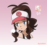  1girl =3 antenna_hair artist_name baseball_cap blue_eyes brown_hair closed_mouth collarbone eyelashes gradient_background hat hilda_(pokemon) looking_to_the_side mixed-language_commentary noelia_ponce pokemon pokemon_(game) pokemon_bw portrait reference_inset sidelocks signature solo white_headwear 