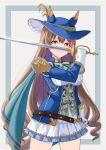  1girl animal_ears belt blue_border blue_cape blue_headwear blue_jacket border brown_belt brown_hair buttons cape clenched_hand closed_mouth commentary_request cowboy_shot double-breasted ear_covers gloves hair_between_eyes highres holding holding_sword holding_weapon horse_ears horse_girl horse_tail jacket long_hair long_sleeves looking_at_viewer official_alternate_costume philo_324 puffy_sleeves satono_diamond_(chevalier_bleu)_(umamusume) satono_diamond_(umamusume) shoulder_cape simple_background solo sword tail umamusume very_long_hair weapon white_background white_gloves wide_brim yellow_eyes 
