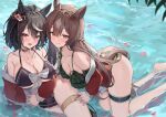  2girls absurdres ahoge animal_ears bare_legs bare_shoulders barefoot bent_over bikini black_bikini black_choker black_hair black_skirt braid breasts brown_hair choker cleavage closed_mouth collarbone frilled_bikini frills front-tie_bikini_top front-tie_top green_bikini hair_ornament halterneck highres horse_ears horse_girl jacket kitasan_black_(umamusume) kuroshiro_kanae large_breasts long_hair long_sleeves looking_at_viewer miniskirt multiple_girls off_shoulder open_clothes open_jacket open_mouth orange_eyes pleated_skirt red_eyes red_jacket satono_diamond_(umamusume) short_hair sitting skirt smile strap_gap string_bikini swimsuit thigh_strap thighs umamusume very_long_hair water wet yokozuwari 