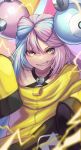  1girl aqua_hair blurry character_hair_ornament commentary_request electricity eyelashes grin hair_ornament highres iono_(pokemon) jacket long_hair looking_at_viewer pink_hair pokemon pokemon_(game) pokemon_sv purple_eyes re_(re_09) sharp_teeth sleeves_past_fingers sleeves_past_wrists smile solo teeth upper_body yellow_jacket 