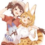  0nanaten 2girls animal_ears bare_shoulders black_gloves black_hair blonde_hair blue_eyes blush bow bowtie cat_ears cat_girl cat_tail cowboy_shot elbow_gloves extra_ears gloves gradient_gloves grey_shorts hair_between_eyes hat_feather helmet high-waist_skirt highres kaban_(kemono_friends) kemono_friends lucky_beast_(kemono_friends) multiple_girls open_mouth paw_pose pith_helmet print_bow print_bowtie print_gloves print_skirt red_shirt serval_(kemono_friends) serval_print shirt short_hair short_sleeves shorts sidelocks skirt sleeveless smile t-shirt tail white_gloves white_shirt yellow_eyes 