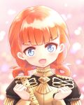  1girl annette_fantine_dominic asairosora black_jacket blue_eyes blush clenched_hands commentary fire_emblem fire_emblem:_three_houses gold hair_rings hands_up happy head_tilt jacket long_sleeves looking_at_viewer medium_hair open_mouth orange_hair pink_background smile solo straight-on upper_body wide-eyed 