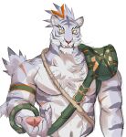  1boy abs animal_ears arm_strap armor bara bare_pectorals beckoning cropped_torso facial_hair furry furry_male goatee highres kimagureuso looking_at_viewer male_focus muscular muscular_male navel nimbus_(world_flipper) nipples outstretched_hand pauldrons pectorals reaching_towards_viewer scar scar_across_eye scar_on_arm short_hair shoulder_armor single_pauldron sketch smile solo stomach thick_eyebrows tiger_boy tiger_ears white_hair world_flipper 