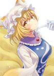  1girl 1other alto2019 animal_ears blonde_hair bloom blue_tabard breasts commentary_request eyelashes fox_ears fox_tail gloves hat highres large_breasts looking_at_viewer mob_cap multiple_tails short_hair simple_background solo_focus tabard tail touhou upper_body white_background white_gloves white_headwear yakumo_ran yellow_eyes 