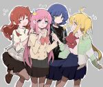  4girls ahoge black_jacket black_shirt blonde_hair blue_eyes blue_hair blue_skirt bocchi_the_rock! bow brown_eyes brown_footwear collared_shirt cube_hair_ornament flying_sweatdrops gotou_hitori green_jacket grey_background grey_skirt grin hair_between_eyes hair_ornament hands_on_another&#039;s_shoulders highres holding_hands ijichi_nijika jacket kita_ikuyo loafers long_hair long_sleeves mole mole_under_eye multiple_girls nekoolantern notice_lines one_side_up open_mouth pink_hair pleated_skirt red_bow red_hair school_uniform shimokitazawa_high_school_uniform shirt shirt_tucked_in shoes short_hair shuka_high_school_uniform side_ponytail sidelocks simple_background skirt smile socks sweatdrop white_jacket white_shirt white_socks yamada_ryou yellow_eyes 