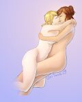  2girls absurdres blonde_hair brown_hair closed_eyes highres hug imminent_kiss long_hair multiple_girls nude original pinup_(style) ponytail tan yuri 