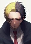  1boy artist_name black_hair blonde_hair collared_shirt half-closed_eyes koh_(koh_a) male_focus mashle necktie portrait rayne_ames red_necktie shirt short_hair simple_background solo upper_body white_background yellow_eyes 