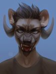  anthro artist_name blue_background blue_eyes brown_body brown_clothing brown_fur brown_hair brown_horn brown_nose brown_topwear bust_portrait clothed clothing dark_hair eyelashes fangs front_view fur glistening glistening_eyes hair hi_res horn looking_at_viewer male marie_merkh open_mouth portrait pupils red_pupils red_tongue simple_background solo species_request teeth tongue topwear 