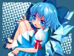  1girl aqua_eyes bare_legs barefoot blue_bow blue_dress blue_eyes blue_hair blue_pupils blue_wings bow chromatic_aberration cirno crossed_bangs detached_wings dress drop_shadow fairy fang hair_bow highres ice ice_wings light_blue_hair looking_at_viewer multicolored_eyes neck_ribbon open_mouth pinafore_dress puffy_short_sleeves puffy_sleeves red_ribbon ribbon shirt short_hair short_sleeves sitting skin_fang sleeve_ribbon sleeveless sleeveless_dress solo toenails touhou tsukiyono_aroe two-tone_dress white_dress white_shirt wings 