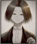  1boy adjusting_clothes adjusting_necktie aota_uno black_eyes black_hair black_suit expressionless feitan_portor formal highres hunter_x_hunter looking_to_the_side male_focus medium_hair necktie solo suit undone_necktie upper_body 