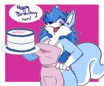  2020 5_claws 5_fingers absurd_res anthro apron apron_only arm_tuft birthday_cake black_eyebrows black_eyelashes blue_body blue_ears blue_eyes blue_fur blue_hair blue_nose blue_pupils blue_tail blue_text blue_tuft border breasts butt_tuft cake canid canine canis cheek_tuft chest_tuft claws clothing colored countershade_face countershade_neck countershade_tail countershade_torso countershading dessert digital_drawing_(artwork) digital_media_(artwork) elbow_tuft exclamation_point eyebrows eyeshadow facial_tuft fangs female female_anthro finger_claws fingers fluffy fluffy_tail food fur glistening glistening_eyes glistening_eyeshadow glistening_hair gloves_(marking) hair half-closed_eyes hand_on_hip happy_birthday hi_res holding_cake holding_food holding_object looking_at_viewer makeup mammal markings mostly_nude mostly_nude_anthro mostly_nude_female narrowed_eyes open_mouth pink_apron pink_background pink_mouth pink_text pink_tongue pupils purple_eyeshadow shoulder_tuft simple_background solo speech_bubble sylvia_(stratica) tail teeth text tongue tuft white_body white_border white_countershading white_inner_ear white_markings white_speech_bubble white_tuft wolf wolf_tail 