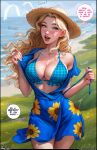  1girl absurdres aroma_sensei artist_name beach bikini bikini_under_clothes black_border blonde_hair blue_dress blue_eyes blue_panties blush border breasts cleavage clothes_pull collarbone covered_navel cowboy_shot curvy dress dress_pull english_text floating_hair floral_print freckles frilled_bikini frills grass haley_(stardew_valley) halterneck hat highres large_breasts long_hair looking_to_the_side mole mole_on_breast nose open_clothes open_dress open_mouth outdoors panties pantyshot parted_hair patreon_username plaid plaid_bikini short_dress sky smile solo sound_effects stardew_valley straw_hat swimsuit underwear undressing v-neck wide_hips wind wind_lift 