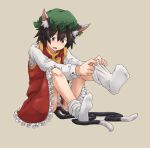  1girl adjusting_sock animal_ear_fluff animal_ears black_hair bow bowtie brown_hair cat_ears cat_tail chagamaka chen earrings full_body gold_trim green_headwear hat highres jewelry knees_up long_sleeves loose_socks mob_cap multiple_tails nekomata open_mouth red_skirt red_vest short_hair single_earring sitting skirt skirt_set socks solo tail teeth touhou two_tails vest white_socks yellow_bow yellow_bowtie 