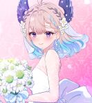  1girl ahoge back_bow blonde_hair blue_hair blush bouquet bow commentary dress earrings english_commentary enna_alouette floating_hair flower head_wings highres holding holding_bouquet jewelry medium_hair mugimugigo nijisanji nijisanji_en purple_bow purple_eyes purple_wings smile solo veil wedding_dress white_dress white_flower wings 