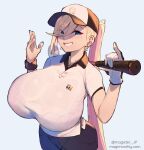  1girl baseball_bat baseball_cap baseball_uniform black_pants blonde_hair blue_eyes bra_visible_through_clothes bralines breasts collared_shirt ear_piercing earrings eyeliner gloves golf_club grin hair_over_one_eye hat holding holding_golf_club huge_breasts index_finger_raised jewelry long_hair magister makeup necklace original pandora_smith pants piercing ponytail shirt smile solo sportswear very_long_hair white_shirt wristband 