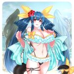  1girl angel_wings asymmetrical_wings bare_shoulders beach bikini blue_hair blush bow breasts dizzy_(guilty_gear) flower frilled_bikini frills guilty_gear hair_between_eyes hair_flower hair_ornament hair_ribbon hair_rings hand_on_own_chest highleg highleg_swimsuit highres large_breasts long_hair looking_at_viewer mature_female midriff monster_girl navel ocean off-shoulder_bikini off_shoulder red_eyes ribbon sky solo stomach swimsuit tail tail_ornament tail_ribbon tano_t thick_thighs thigh_strap thighs twintails wings yellow_bow 