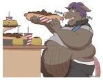  13uckaroo anthro belly bodily_fluids drooling eating food hungry low_res male overweight saliva solo weight_gain 