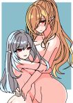  2girls blonde_hair blush completely_nude elf grey_hair hug kauxast long_hair looking_at_viewer multiple_girls nude open_mouth original pointy_ears ponytail red_eyes smile yuri 