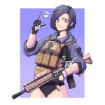  1girl absurdres ammunition_pouch artist_name assault_rifle bare_hips black_gloves black_hair black_leotard blue_eyes blue_jacket bulletproof_vest gloves gradient_background gun highres jacket leotard light_smile military_uniform original pale_skin pouch purple_background rifle scope short_hair tarola_(xrnl2018) uniform weapon weapon_request xrnl2018 