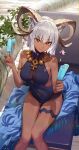  1girl absurdres animal_ears arknights bare_shoulders breasts carnelian_(arknights) cleavage dark-skinned_female dark_skin food highres holding holding_food holding_popsicle horns one-piece_swimsuit pomerui popsicle purple_eyes red_eyes short_hair sitting smile solo swimsuit white_hair 