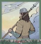  1boy bjorn_(vinland_saga) brown_hair carrying cloud facial_hair forheksed helmet highres holding holding_polearm holding_weapon long_hair mushroom outdoors polearm sky spear viking vinland_saga warrior weapon 