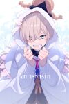  1girl anastasia_(fate) blue_eyes blush character_name clenched_teeth cosplay doll echo_(circa) fate/grand_order fate_(series) hair_over_one_eye hairband hood long_hair long_sleeves looking_at_viewer merlin_(fate) merlin_(fate)_(cosplay) robe solo teeth viy_(fate) white_hair white_robe wide_sleeves 