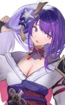  1girl absurdres breasts cleavage commentary_request derlyt genshin_impact hair_ornament highres long_hair looking_at_viewer off_shoulder open_mouth purple_eyes purple_hair raiden_shogun solo upper_body 