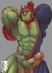 1boy abs alternate_body_hair armlet armpit_hair arms_behind_head bara bare_pectorals beard chest_hair colored_skin erection facial_hair feet_out_of_frame ganondorf gigan_(uramakigigan) gold green_skin hadanugi_dousa highres huge_eyebrows large_pectorals large_penis large_testicles loincloth_aside long_hair male_focus male_pubic_hair mature_male muscular muscular_male navel navel_hair nipples official_alternate_costume orange_hair pectorals penis pubic_hair solo stomach tattoo testicles the_legend_of_zelda the_legend_of_zelda:_tears_of_the_kingdom thick_eyebrows uncensored veins veiny_penis 