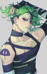  1boy arm_up bandaged_arm bandaged_chest bandaged_neck bandages chest_tattoo eyeliner fuyaharu green_hair hair_between_eyes hand_in_own_hair highres looking_at_viewer makeup male_focus master_detective_archives:_rain_code multicolored_hair open_mouth purple_eyeliner purple_eyes ruffling_hair short_hair shoulder_tattoo solo streaked_hair tattoo upper_body vivia_twilight 